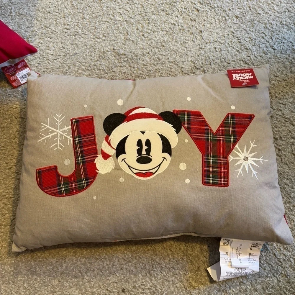 Disney Mickey Mouse JOY Rectangular Throw Pillow NEW Christmas Gray Red